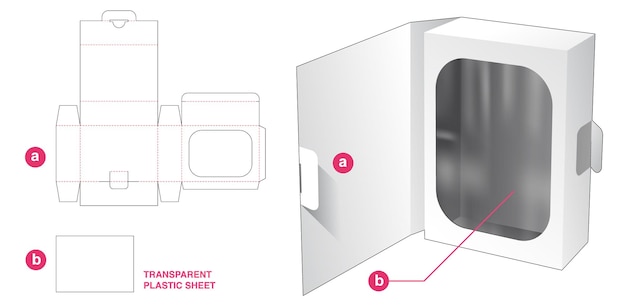 Cover flip box and round rectangular window with transparent plastic sheet die cut template