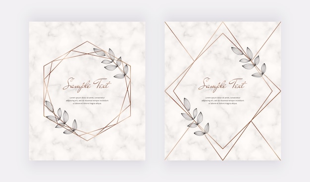 Cover marble cards with golden geometric polygonal lines frames and black leaves.