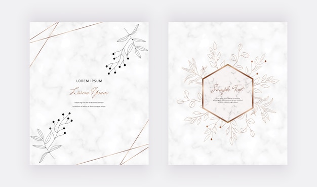 Cover marble cards with golden geometric polygonal lines frames and black leaves.