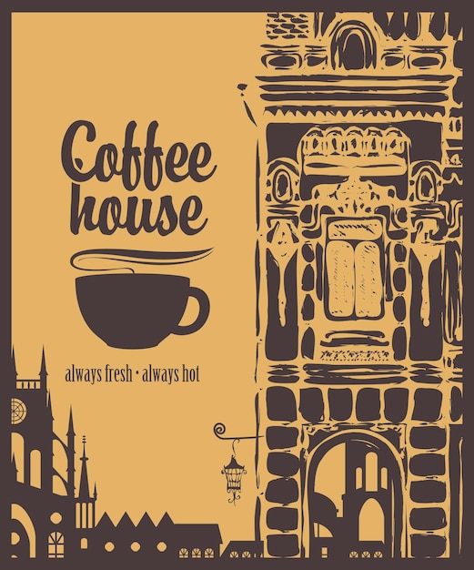 Cover menu for coffee house with cup and old town