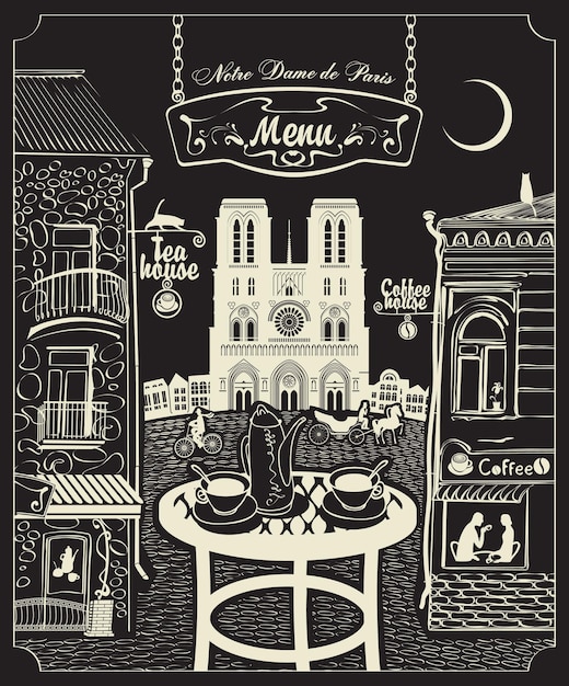 Cover for menu with parisian cafes at night