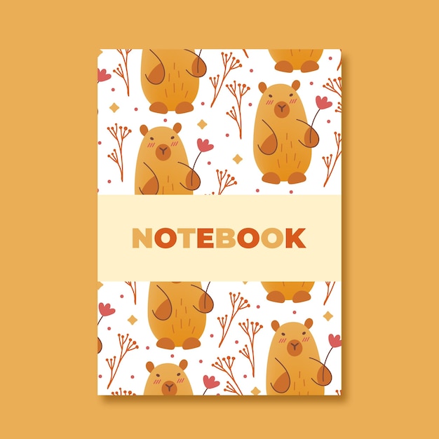 Cover of notebook with hand draw seamless pattern of capybaras with leaves flower Vector illustration in flat style Cartoon cute animal for printKid children illustrationPage templateplanner