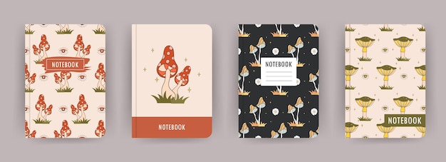 Vector cover page notebook collection templates with groovy mushrooms