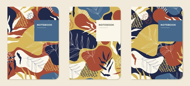 Cover page templates Abstract botanical layouts with leaves in blue red and yellow for notepads