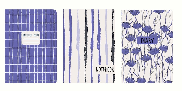 Vector cover page templates based on patterns with cornflowers plaid abstract spots backgrounds very peri colors of the year 2022 for notebooks notepads diaries headers isolated replaceable