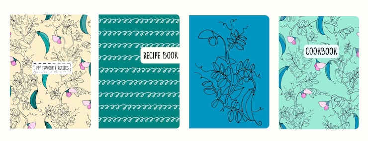 Vector cover page templates for recipe books based on patterns with pea plant headers isolated and replaceable