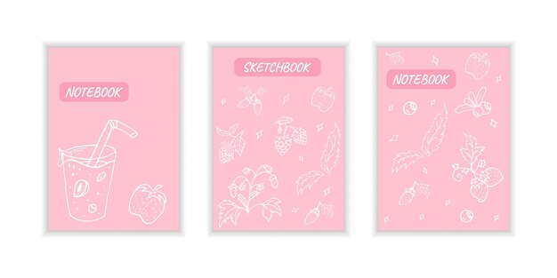 Cover page templates with berries Pink layouts with strawberries Doodle style Vector illustration