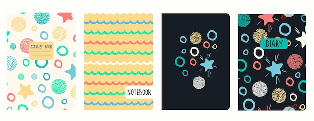 cover page vector templates with stars planets wavy lines in cartoon style headers isolated and replaceable