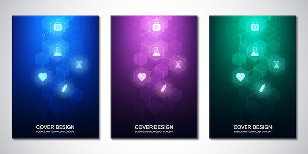 Cover template with hexagons pattern and medical icons