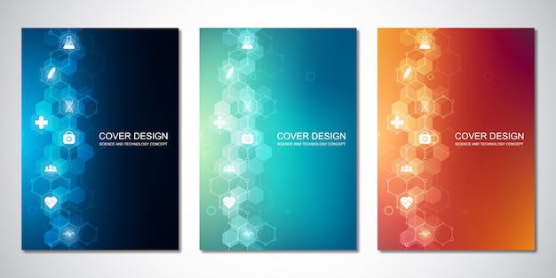 Vector cover template with hexagons pattern and medical icons