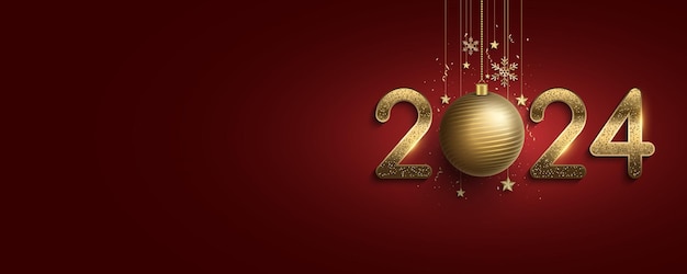 Vector cover voor happy new year 2024 luxe gouden glitter nummer met decoraties van hangende kerstballen sneeuwvlokken en sterren op rode achtergrond vector illustratie eps 10