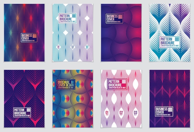 Cover with minimal designs. Web, commerce or events vector graphic design templates set. Vector geometric patterns used in modern designs. Minimalistic brochure designs. A4 print format.