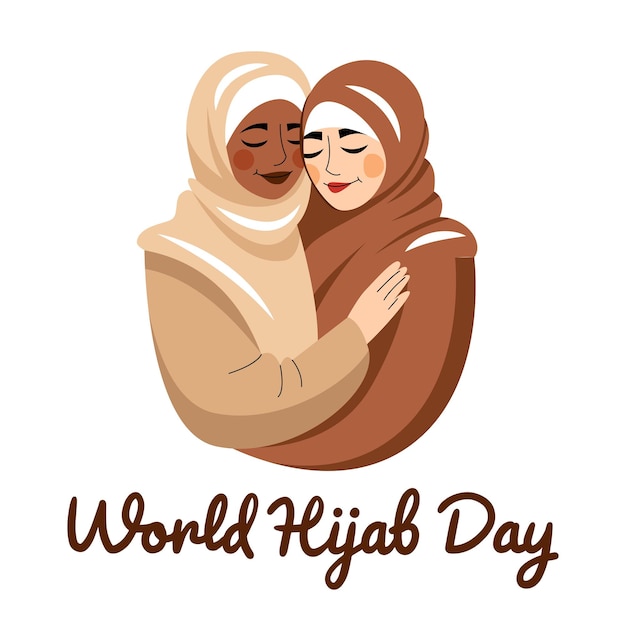 Vector covered girls in hijab hugging international hijam day two muslim women are smiling flat cartoon