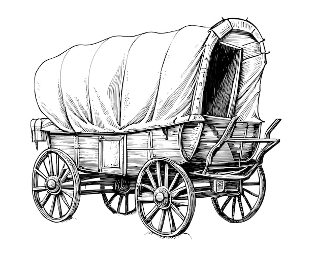 Vector covered wagon stagecoach retro sketch hand drawn engraving style vector illustration