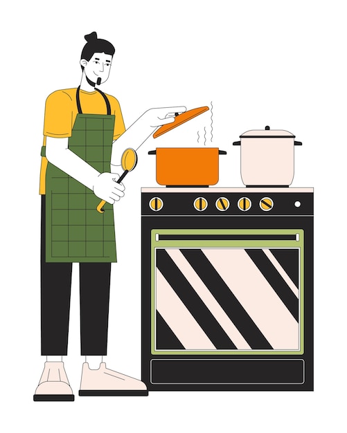 Covering pot with lid while cooking line cartoon flat illustration