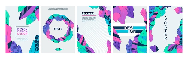 Covers met veren abstracte gevederde decoratie boho vlakke stijl artistieke posters met vogelvleugel verenkleed patroon creatieve samenstelling vector achtergrond set