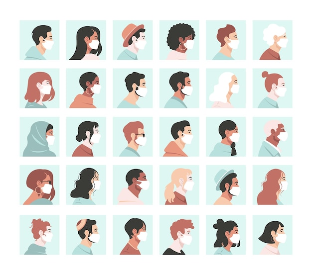 Аватары Covid 19 устанавливают разных людей в защитной коронавирусной маске с плоской векторной иллюстрацией