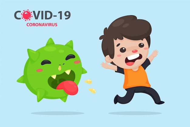 Covid-19 or coronavirus. Chinese cartoon sick with flu that runs away from the corona virus