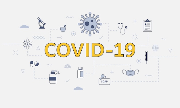 중앙 벡터 일러스트레이션에 큰 단어나 텍스트가 있는 아이콘이 있는 Covid-19 코로나바이러스 개념