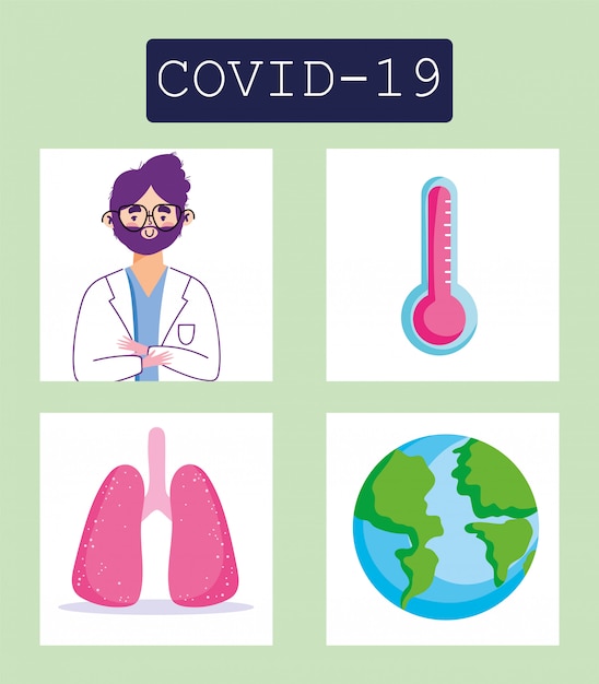 Covid 19 coronavirus infographic, dokter karakter, wereld, ziekte luchtwegen, symptomen