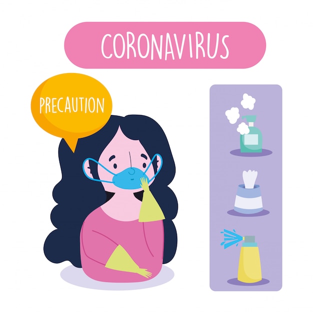 Covid 19 coronavirus infographic, precaution girl with mask gloves, and prevention recommendations