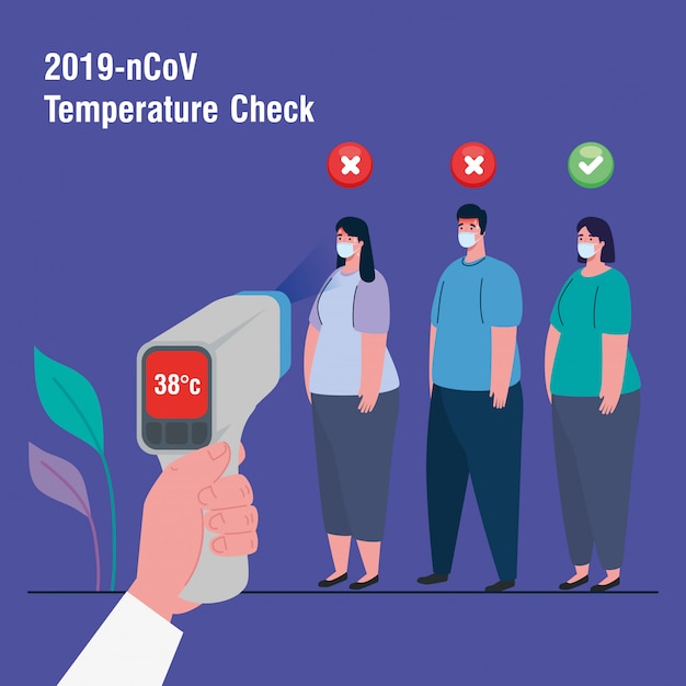 Covid 19 coronavirus, mensen in test met infraroodthermometer om lichaamstemperatuur te meten