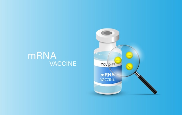 벡터 코비드-19 코로나바이러스. mrna(메신저 rna) 백신. 백신 바이알과 돋보기. 벡터 일러스트 레이 션.