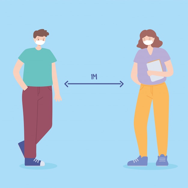 Covid 19 coronavirus social distancing prevention, man and woman standing in isolation in distance, people with medical face mask illustration