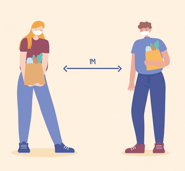 Covid 19 coronavirus social distancing prevention, man and woman with face mask holding grocery bags keeping distance illustration