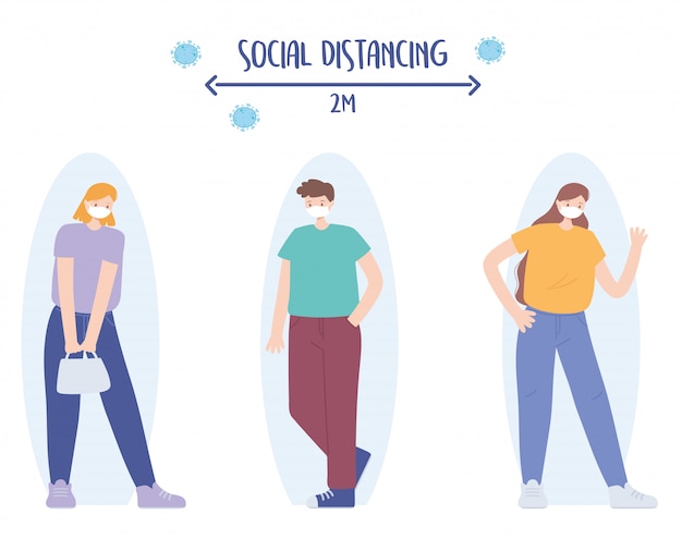 Covid 19 coronavirus social distancing prevention, man and women keeping distance for infection risk and disease, people with medical face mask