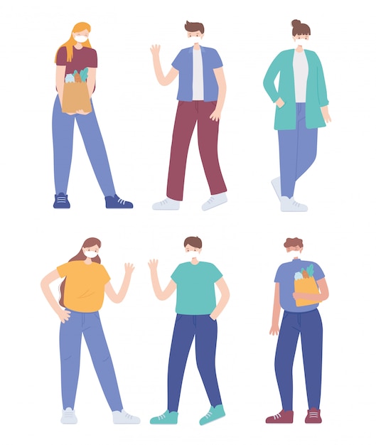 covid 19 coronavirus social distancing prevention, people distance between with medical face mask illustration
