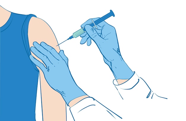 Vector covid-19 or coronavirus vaccine syringe. doctor, nurse is holding medical injection in hand, vaccinating medicine flu. health care concept of injection. line sketch vector illustration