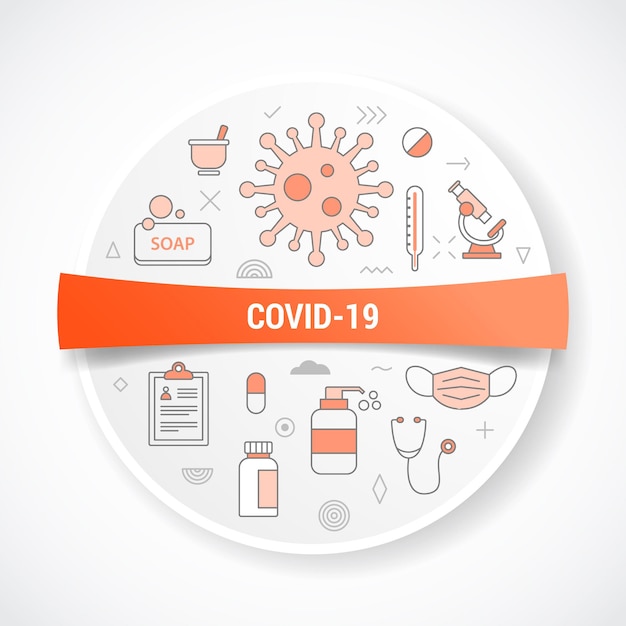 Covid-19 또는 코로나 바이러스, 원형 또는 원형 모양의 벡터 일러스트와 함께 개념