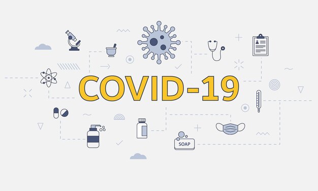 Covid-19 coronavirusconcept met pictogrammenset met groot woord of tekst op centrum vectorillustratie