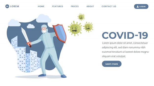 Covid-19ランディングページのデザイン。コロナウイルスフラットイラストと戦う医療従事者。