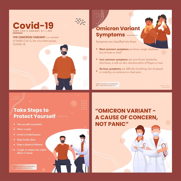 covid-19 omicron variant social media posts for symptoms, precautions, get vaccinated and doctor advice.