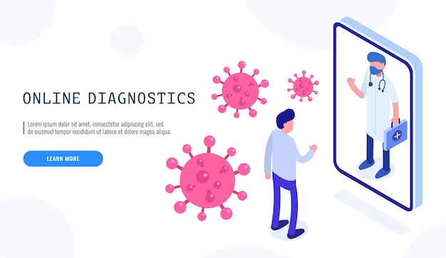 Covid-19 online diagnostics virus. Male patient and doctor. Pandemic covid-19 coronavirus. Isometric web banner for landing page. Vector illustration.