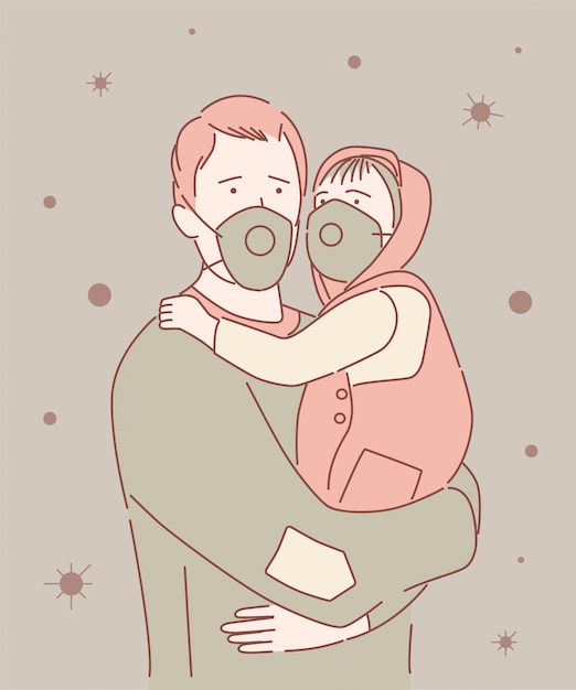 Vector covid-19 pandemic coronavirus man and baby in city street wearing face mask protective for spreading of disease