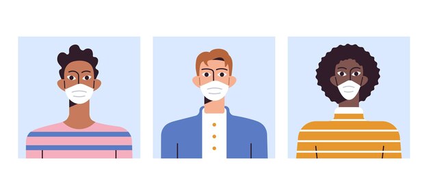 Covid 19 people in protective masks avatar people in striped clothes coronavirus flat vector illustration