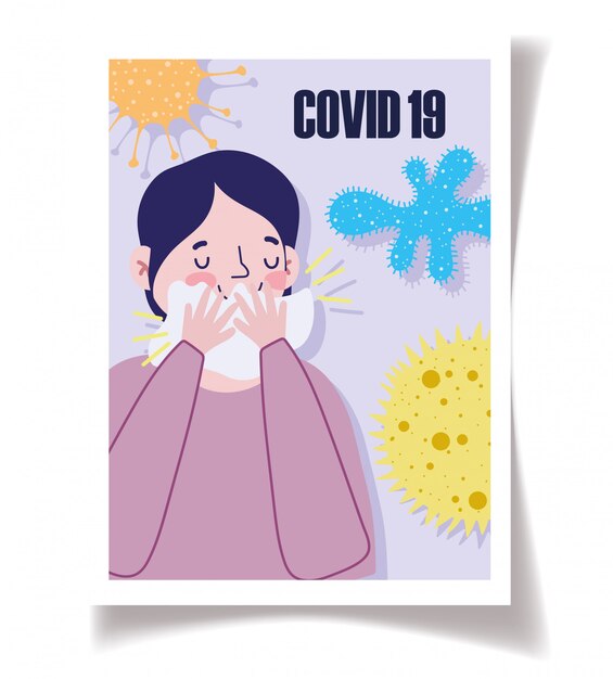 Covid 19 prevention man symptoms cough cover mouth with tissue paper