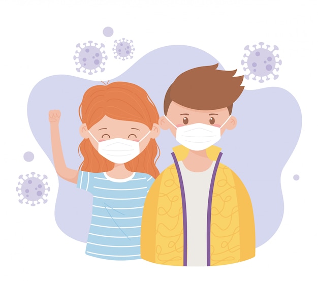 Covid 19 prevention, young couple wearing medical mask