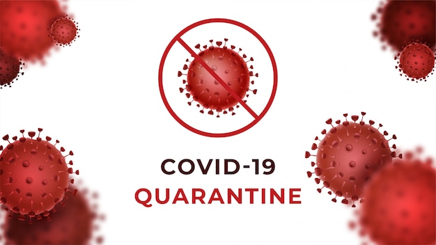 Vector covid-19 quarantine and 3d red virus cells on white background. coronavirus disease 2019 pandemic protection concept.   illustration concept covid-19