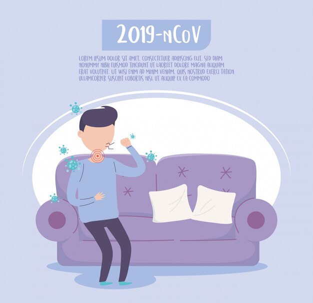 Vector covid 19 quarantine, man with cough and sore throat in