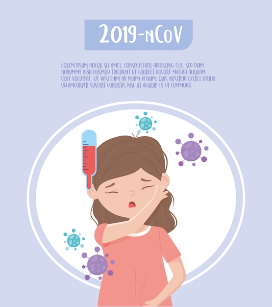 Covid 19 quarantine, woman with fever   illustration