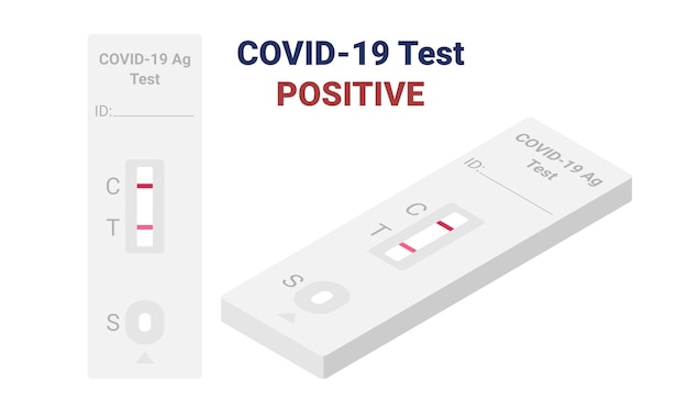 Vettore kit per test rapido covid-19 che mostra un clipart di design piatto con risultato positivo. kit di rilevamento dell'antigene 2 strisce