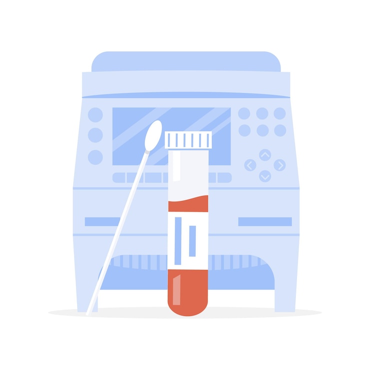 Vector covid-19 rt pcr 기계 및 면봉 샘플이 있는 테스트 튜브 또는 혈액이 있는 프로브. 증폭기. 벡터