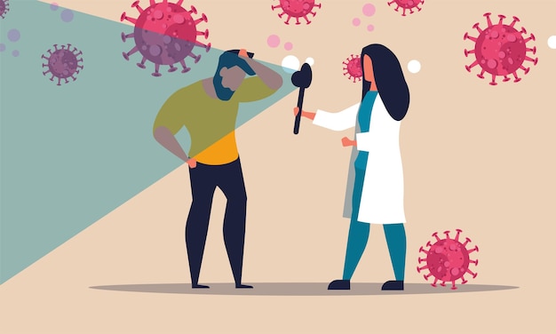 Covid 19 test met dokter vrouw coronavirus diagnose man en medische symptomen vector illustratie