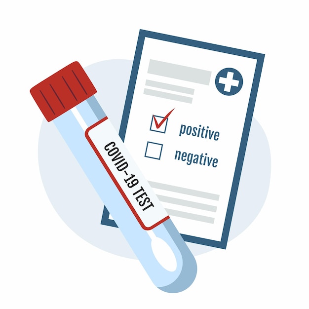 Vector covid-19 test. test tube with  cotton swab and  form  results of   study.