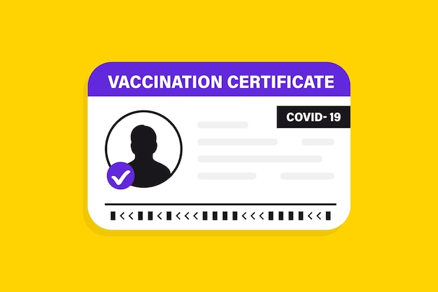 Covid-19 vaccin paspoort. Vaccinatiebewijs, medische kaart of paspoort voor reizen in de tijd pandemie. Vectorillustratie van vaccinatiekaart, man en vrouw. Internationaal immuniteitscertificaat