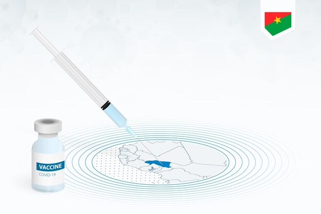 Covid-19 vaccination in burkina faso, coronavirus vaccination illustration with vaccine bottle and syringe injection in map of burkina faso.